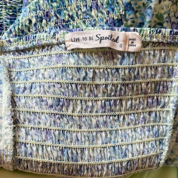 Live To Be Spoiled Green Pastel Floral Ruched Front Short Cap Sleeve Dress - Picture 3 of 13